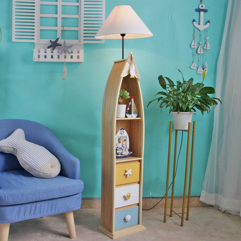 Wood Surfboard-Like Shelf Floor Lamp Children Single Head Pink/Green/Blue Standing Light with Cone White Fabric Shade