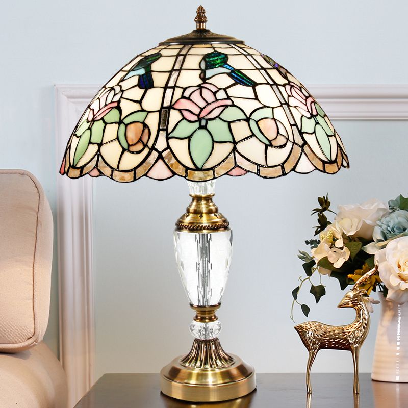 Domed Table Light 1 Head Stained Glass Tiffany Nightstand Lamp with Rose Pattern in White