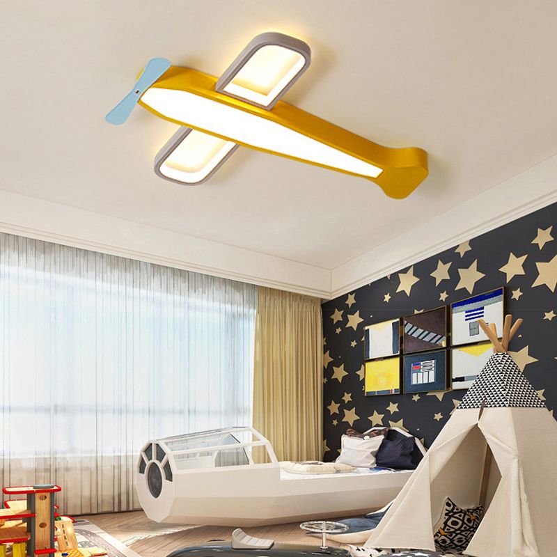 Yellow Propeller Plane Ceiling Mount Light Cartoon Acrylic LED Ceiling Lamp for Kid Bedroom