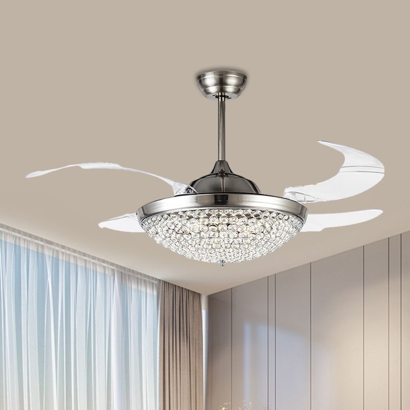 19" W Domed Semi Flush Mount Lamp Minimalist Crystal Encrusted LED Nickel Ceiling Fan Light, 4 Blades