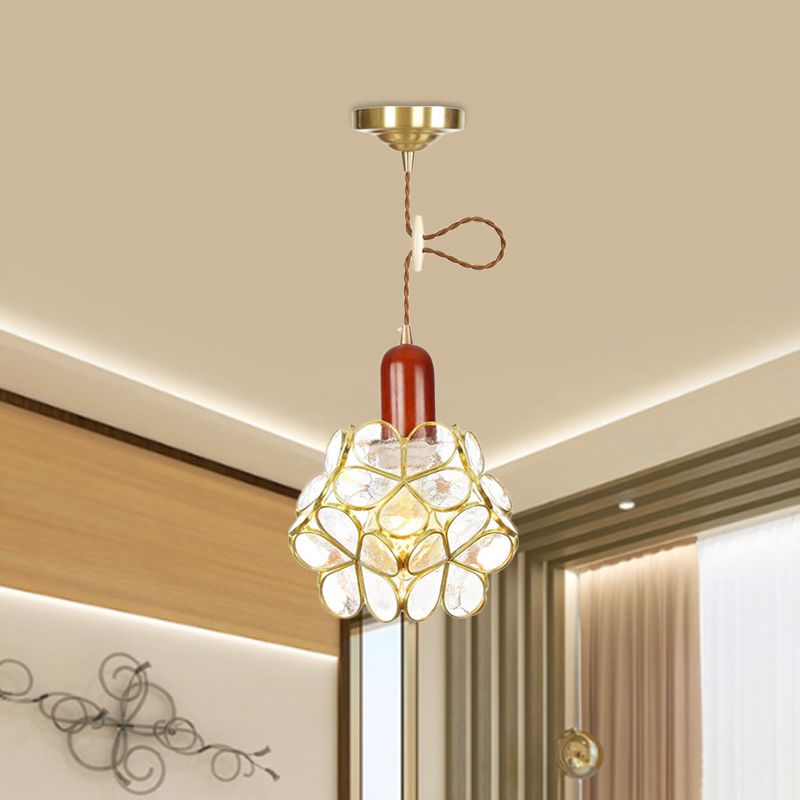 Bloem helder waterglas hanger Traditionele 1 lamp slaapkamer plafond suspensielamp in goud met houten top