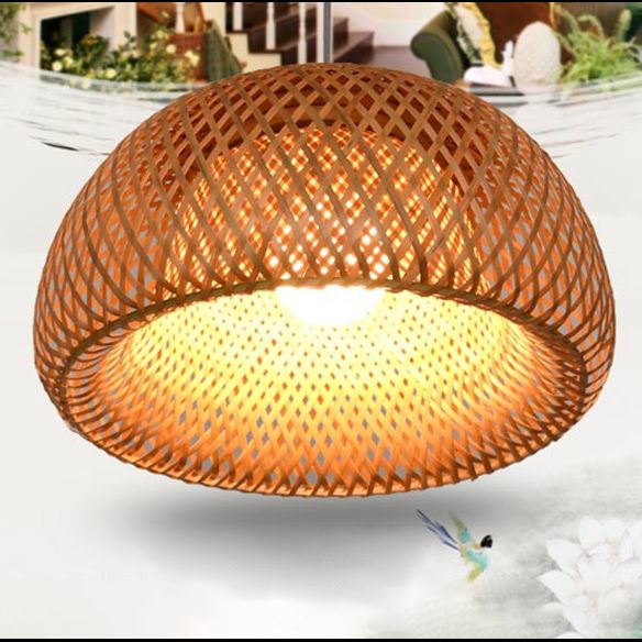 Double Walled Dome Hanging Lamp Asian Bamboo 1-Light Beige Hanging Pendant for Restaurant