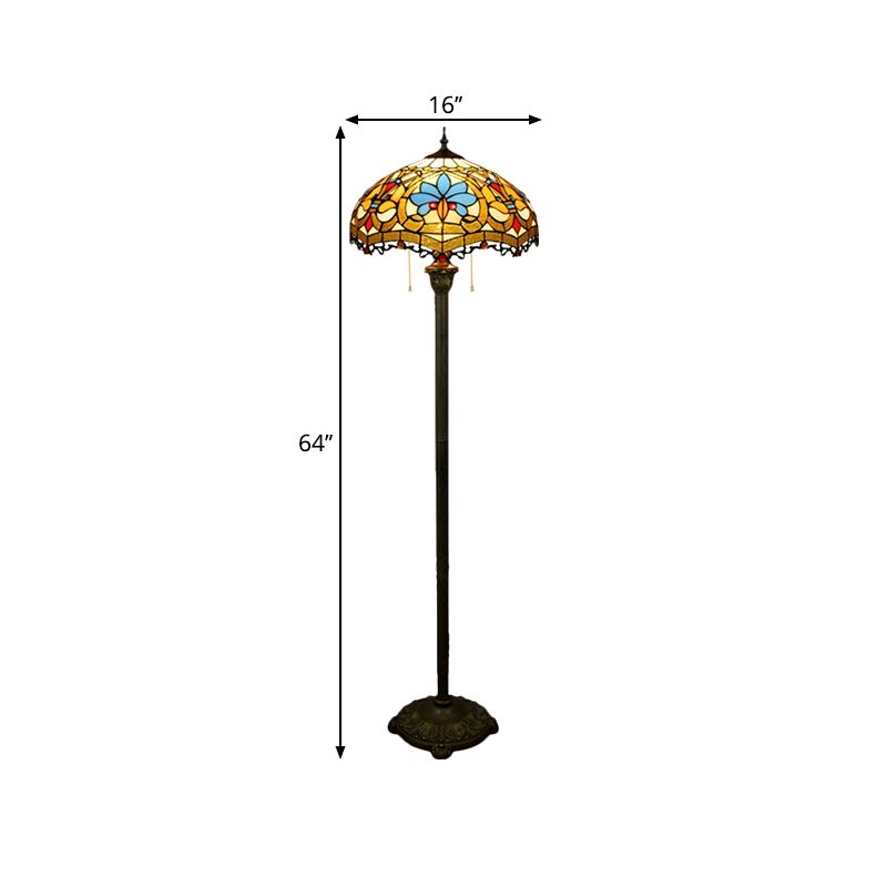 Scalloped Dome Stained Glass Floor Lamp Tiffany 2 Lights Brass Finish Standing Floor Lighting with Pull Chain