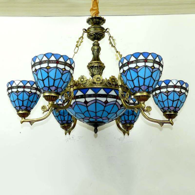 Bowl Chandelier Lighting Fixture Tiffany-Style Stained Art Glass Hanging Chandelier