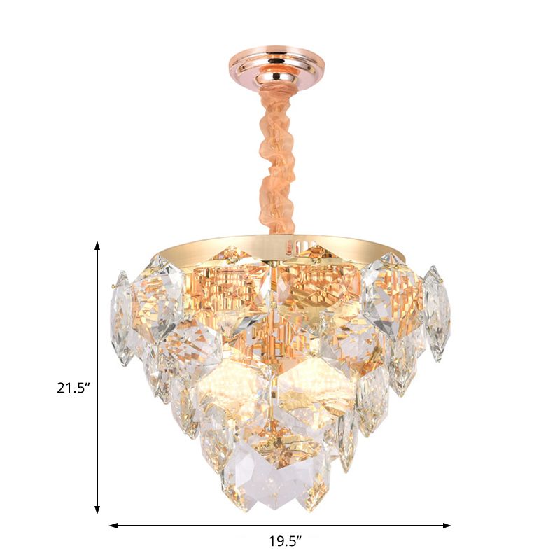 Multi Layer Hanging Ceiling Light with Faceted Crystal Modern 14 Lights Pendant Lamp in Gold for Living Room