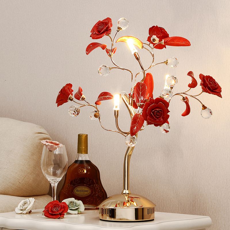 3-Bulb Flower Tree Night Lamp Korean Garden White/Red/Green Ceramic Table Light with Gold Stem