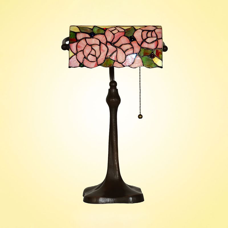 Rose Patterned Piano Lamp Mediterranean Stained Glass 1 Head Pink Pull Chain Desk Lighting