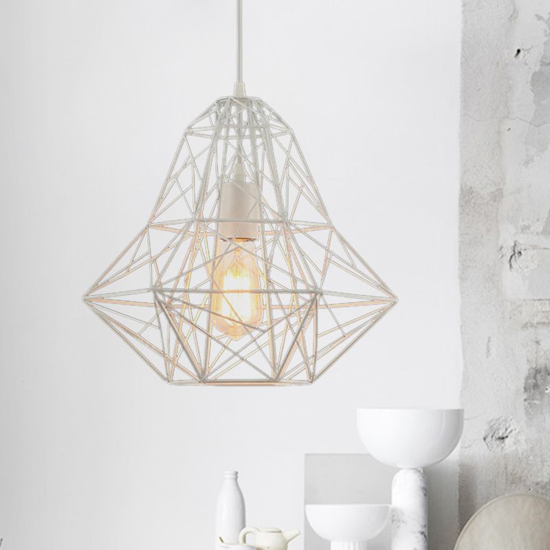 Industriekäfig Diamant Anhänger Beleuchtung 1 Kopf Metallic Hanging Lampe in Schwarz/Weiß für Esszimmer, 16 "/19,5" Dia