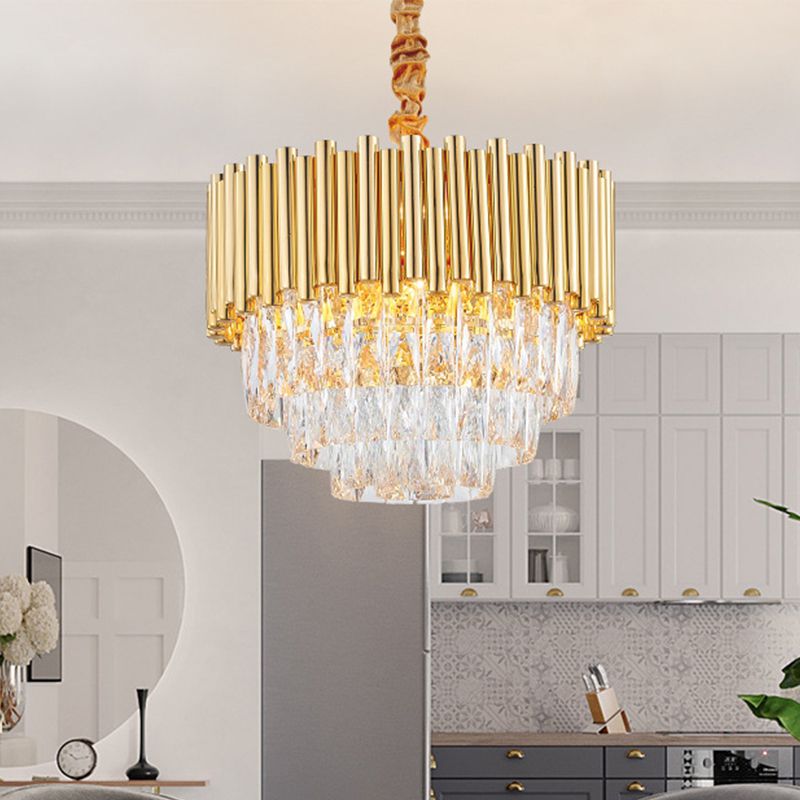 Golden Layered Hanging Chandelier with Crystal Prism Modernist 6/10/12 Bulbs Pendant Light Fixture in Gold Finish