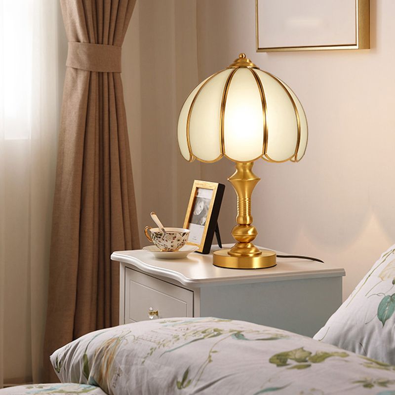 Brass Scalloped Nightstand Lamp Simplicity Beveled Glass 1-Light Bedroom Table Lighting