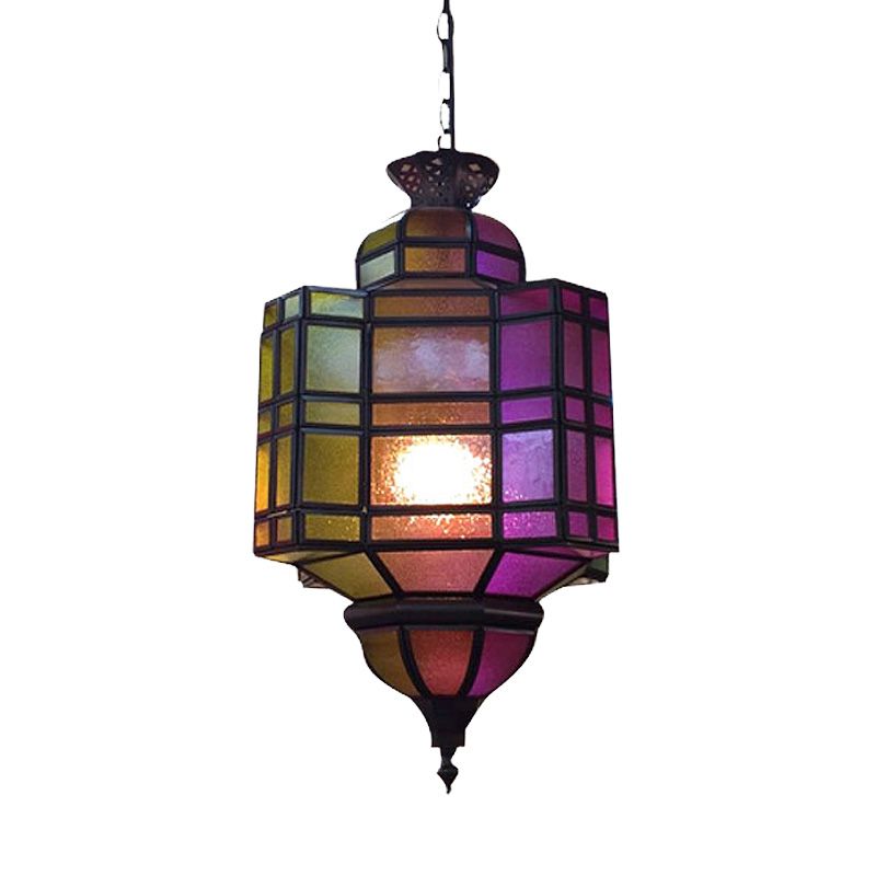 Lantern Restaurant Ceiling Light Antiqued Metal 1 Head Purple Suspension Hanging Lamp