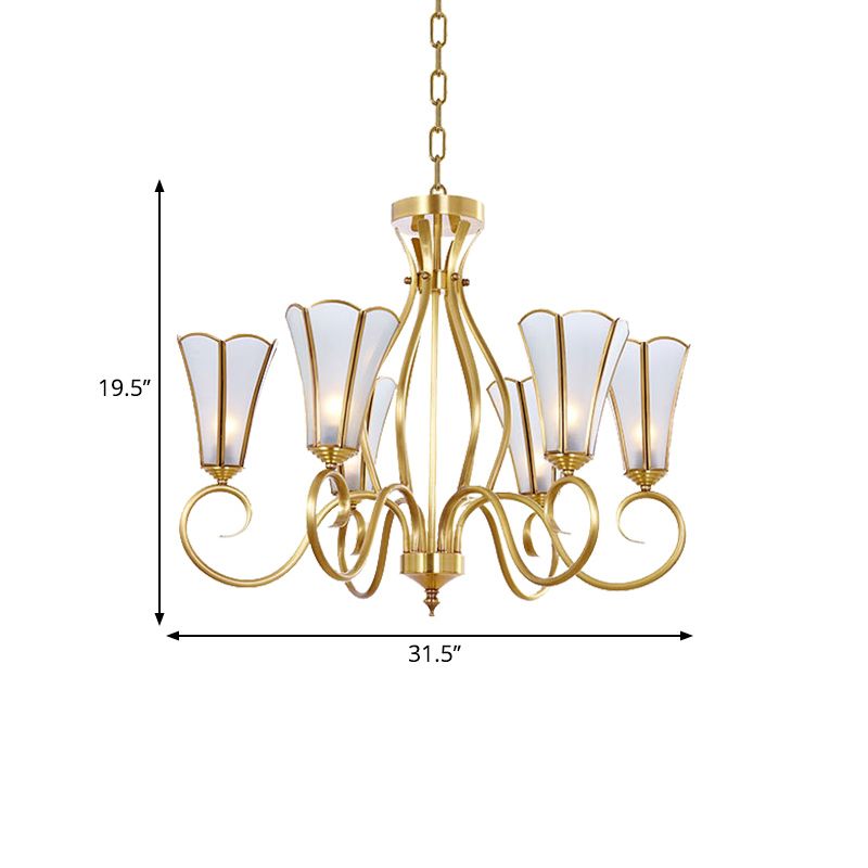 Gold Finish 6 Lights Chandelier Colonial Frosted Glass Flower Shaped Ceiling Pendant Light with Swirled Arm