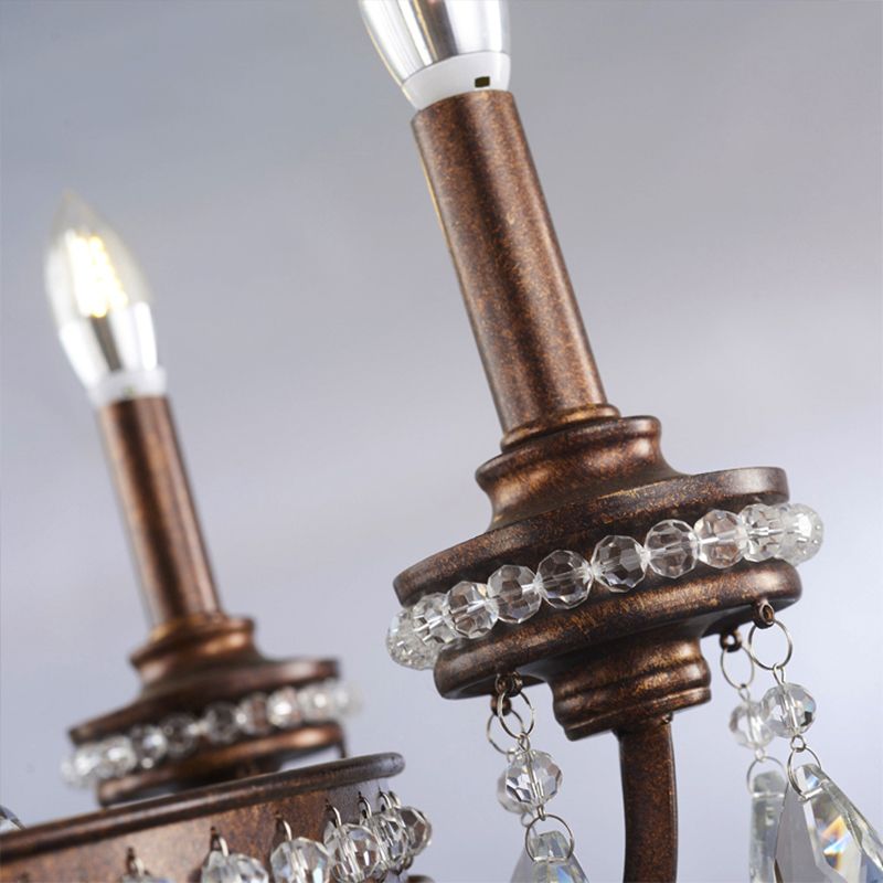 Metal Candle Chandelier Light Nordic 4 Lights Rust Hanging Light Fixture with Crystal Drop