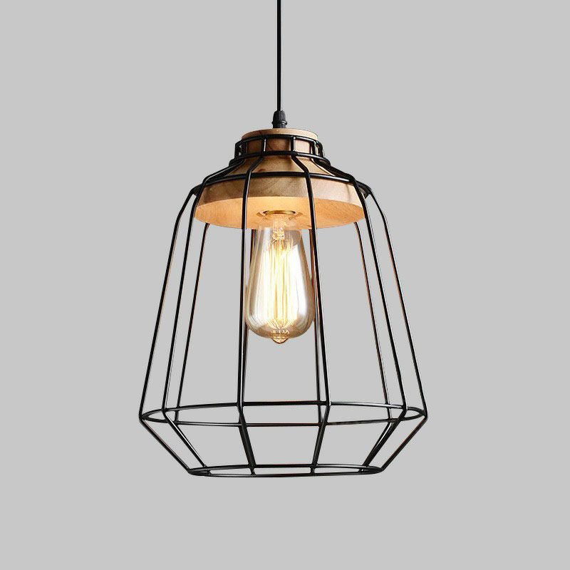 Antique Cage Shade Pendant Light 1-Light Iron Hanging Light Fixture with Wooden Top in Black