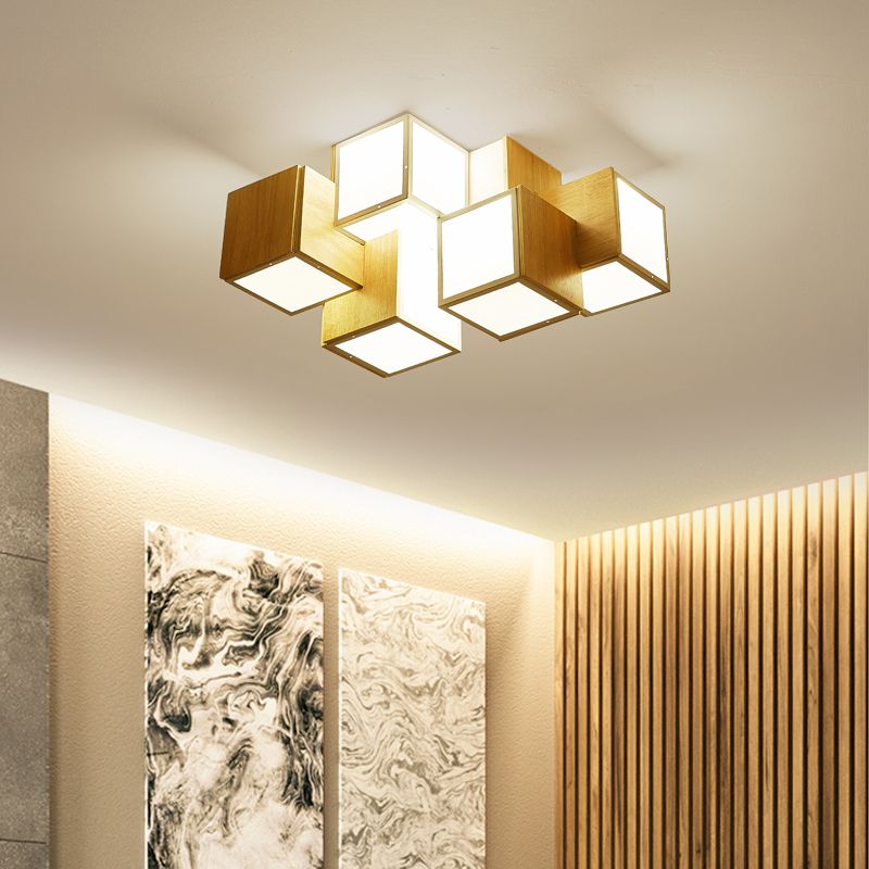 Cube Flush Ceiling Light Modern Wooden Beige Flush Mount Lighting Fixture for Bedroom