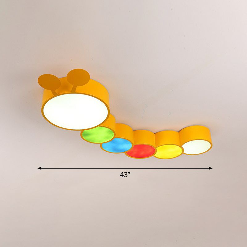 Cartoon Caterpillar LED Ceiling Lighting Metal Kindergarten Flush Mount Fixture in Yellow