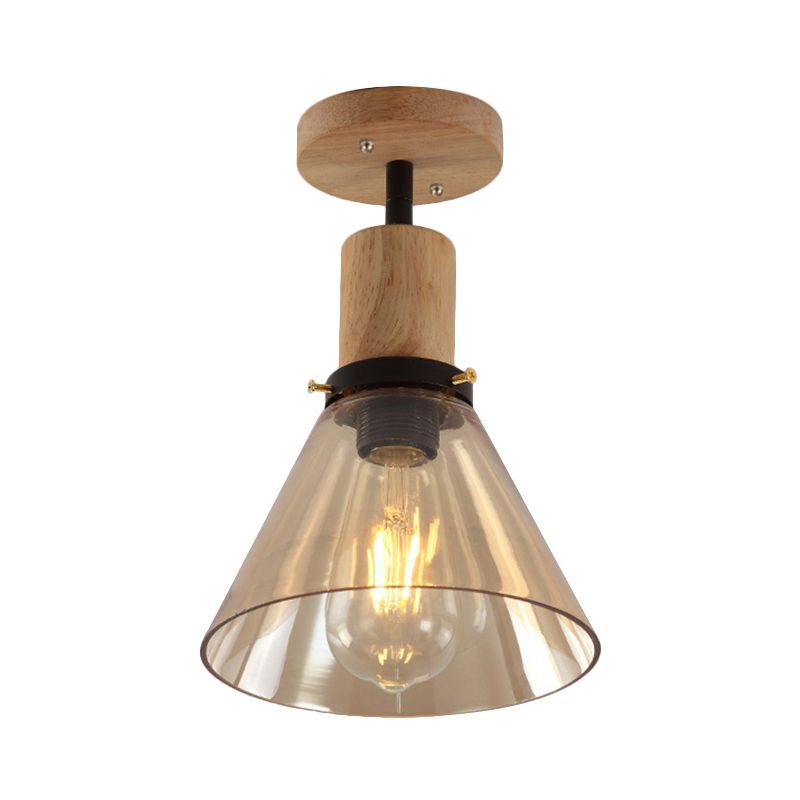 Single Bulb Semi Flush Mount Industrial Cone Amber Glass Ceiling Light in Wood for Foyer