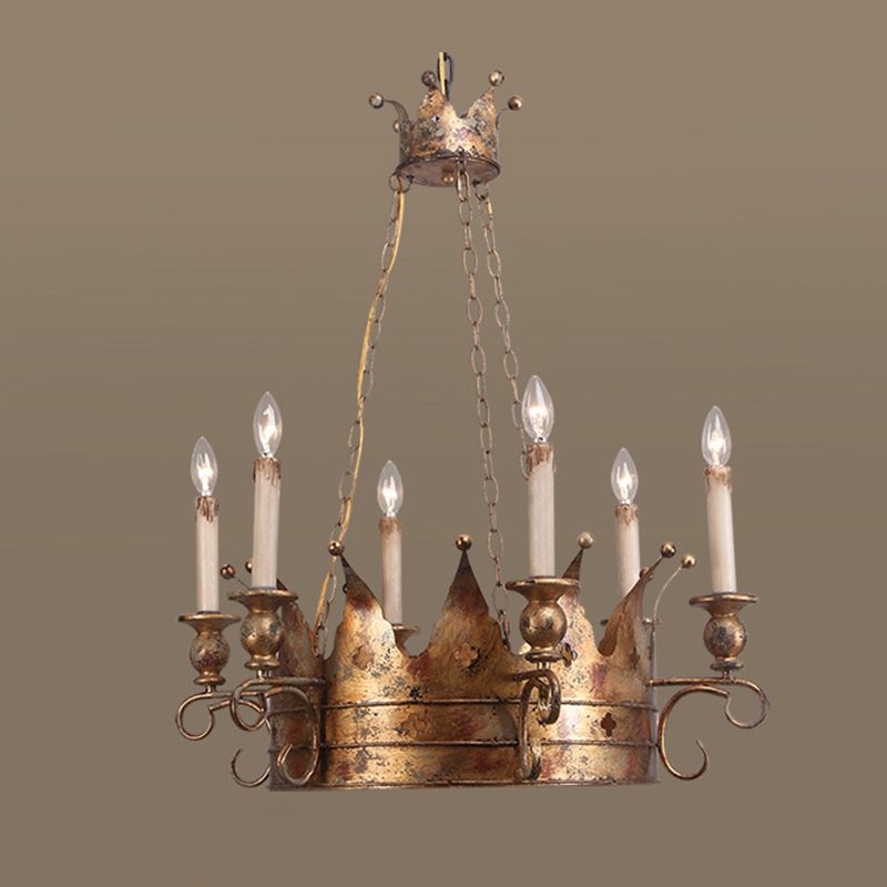 Vintage Rust Crown Suspension Chandelier Candlestick Shape Lamp Post Industrial Style Lighting Pendant in Gold for Dining Room