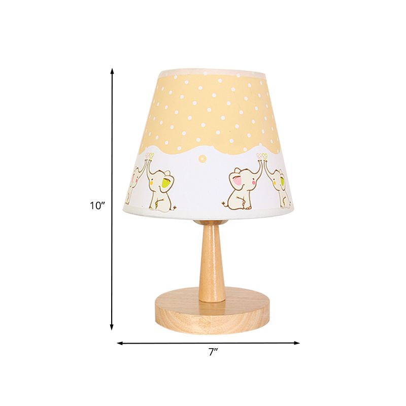 Fabric Conical Table Lamp Cartoon 1 Head Wood Nightstand Light with Airplane/Elephant/Bear Pattern for Bedroom