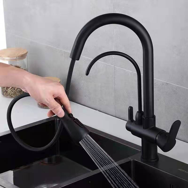 Contemporary Pull down Kitchen Faucet Double Handle High Arch 2-Function Water Filler