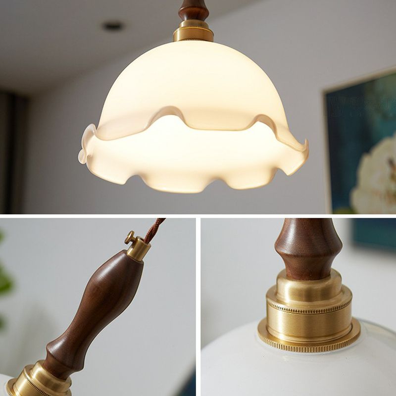 Ruffle Edge Cream Glass Suspension Lighting Retro Style 1 Head Dining Room Pendant Ceiling Light