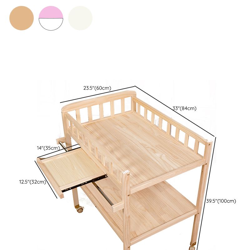 Flat Top Baby Changing Table Solid Wood with Storage Shelf and Wheel