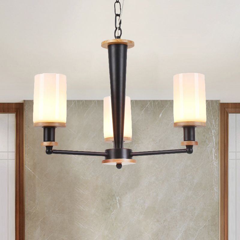 Opal Frosted Glass Column Chandelier Mid-Century 3 Lights Pendant Ceiling Light in Black