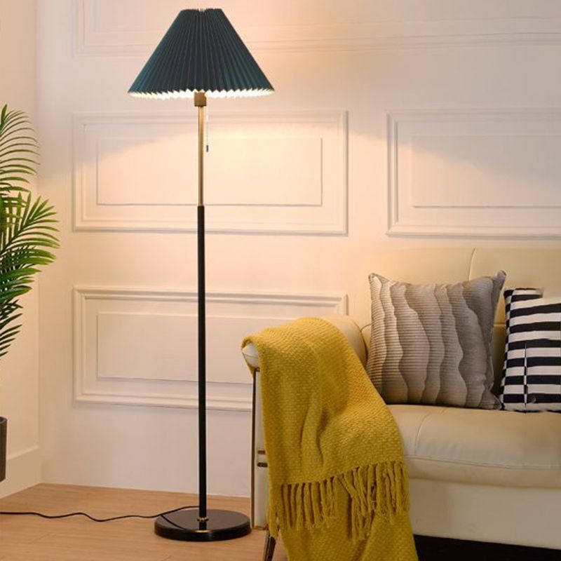 Minimalist Cone Shade Standing Light Pleated Fabric Single Living Room Pull Chain Floor Lighting