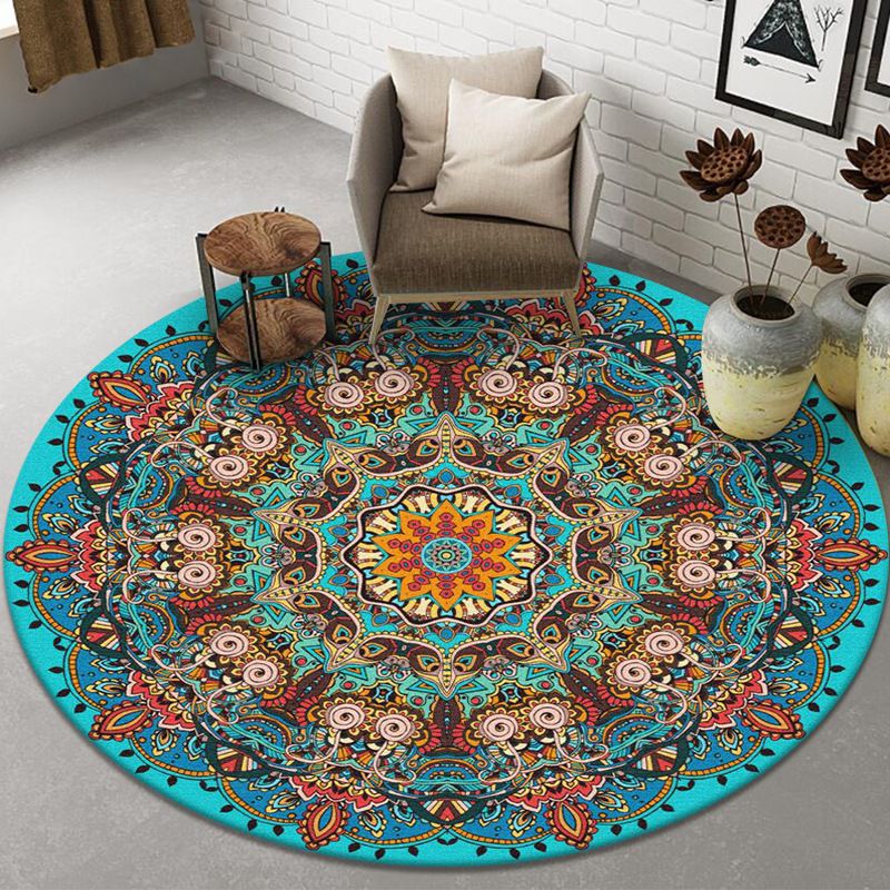 Multi-Color Floral Print Rug Victorian Moroccan Round Area Carpet Polyester Anti-Slip Backing Carpet for Home Decor