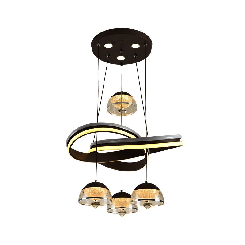 Domed Dining Room Cluster Pendant Acrylic 4 Heads Modernism LED Hanging Ceiling Light in Black with Strip Beam