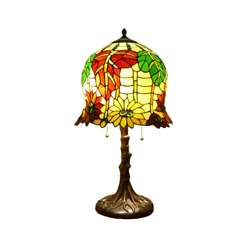 Victorian Bell Table Light 2 Heads Hand Cut Glass Blossom Patterned Nightstand Lamp in Yellow and Green with Pull Chain