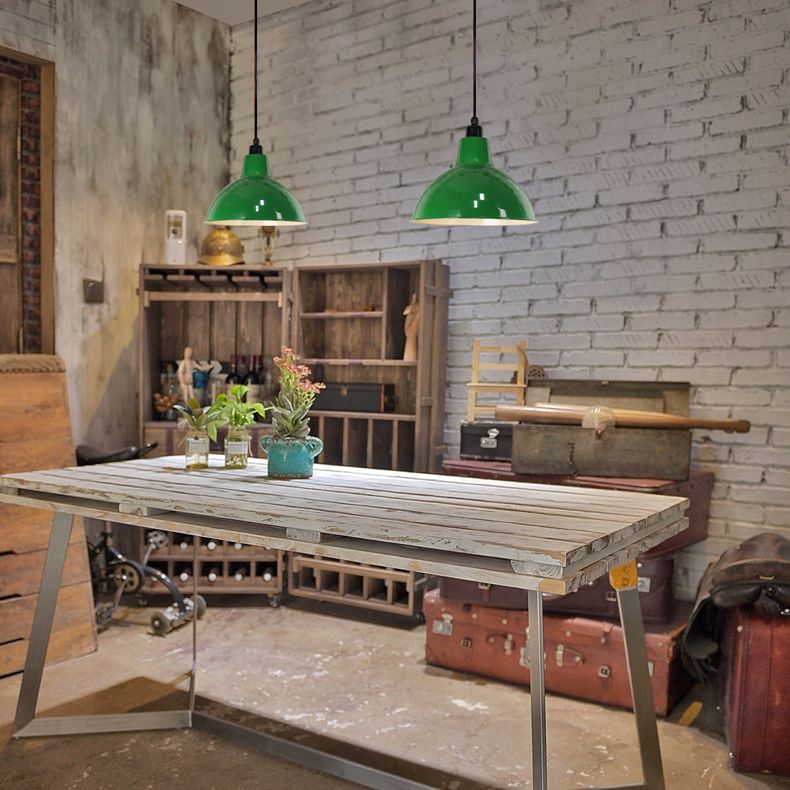 Industriële retro ronde hanglamp 1-hoofd metalen ophanging licht in zwartachtig groen