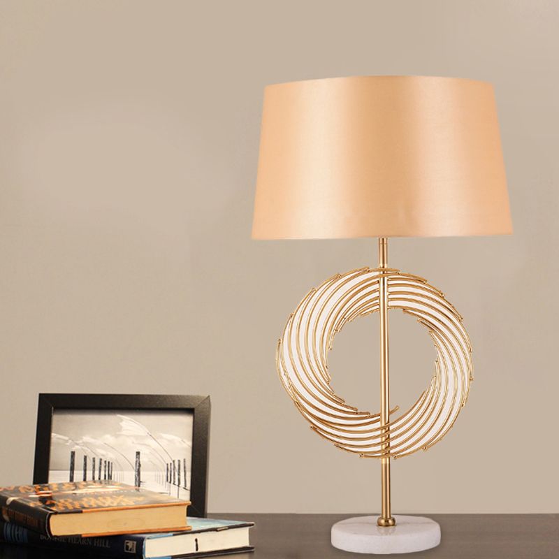 Drum Study Room Desk Lamp Vintage Fabric 1 Bulb Gold Night Table Light with Ring Decor