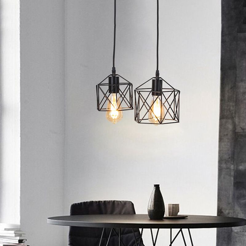 2 Lights Hexagon Frame Multi Pendant Retro Style Black Metal Ceiling Hang Fixture