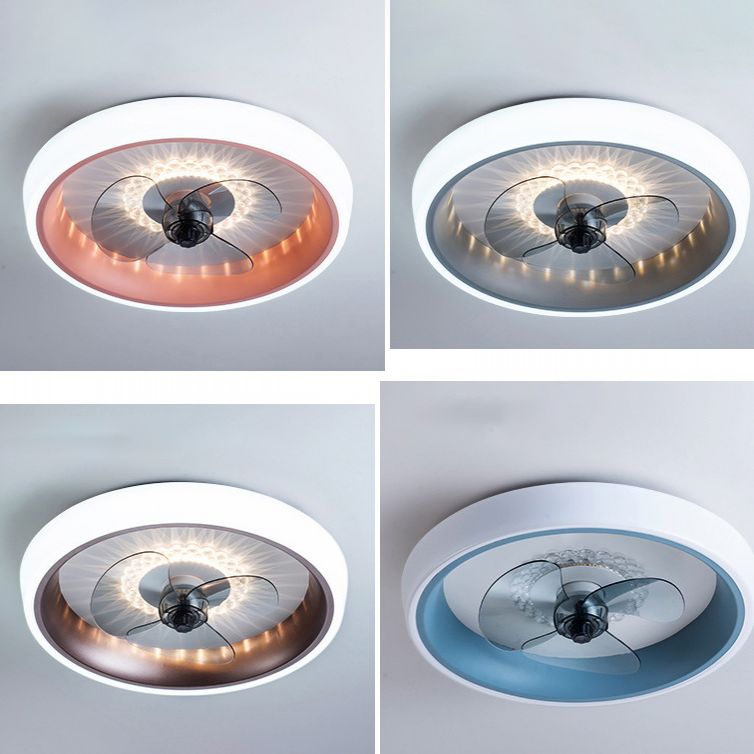 Remote Control Macaron Style Round Fan Lighting Acrylic Bedroom LED Semi Flush Ceiling Light