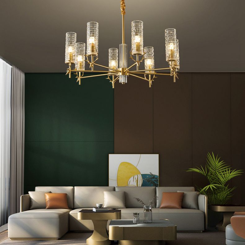 Gold Radial Pendant Light Mid-Century Cylindrical Clear Glass Suspension Light for Living Room