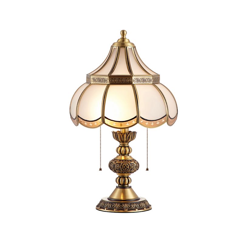 Brass Scalloped Night Stand Lamp Traditional White Glass 2-Bulb Bedroom Table Light with Pull Chain Switch