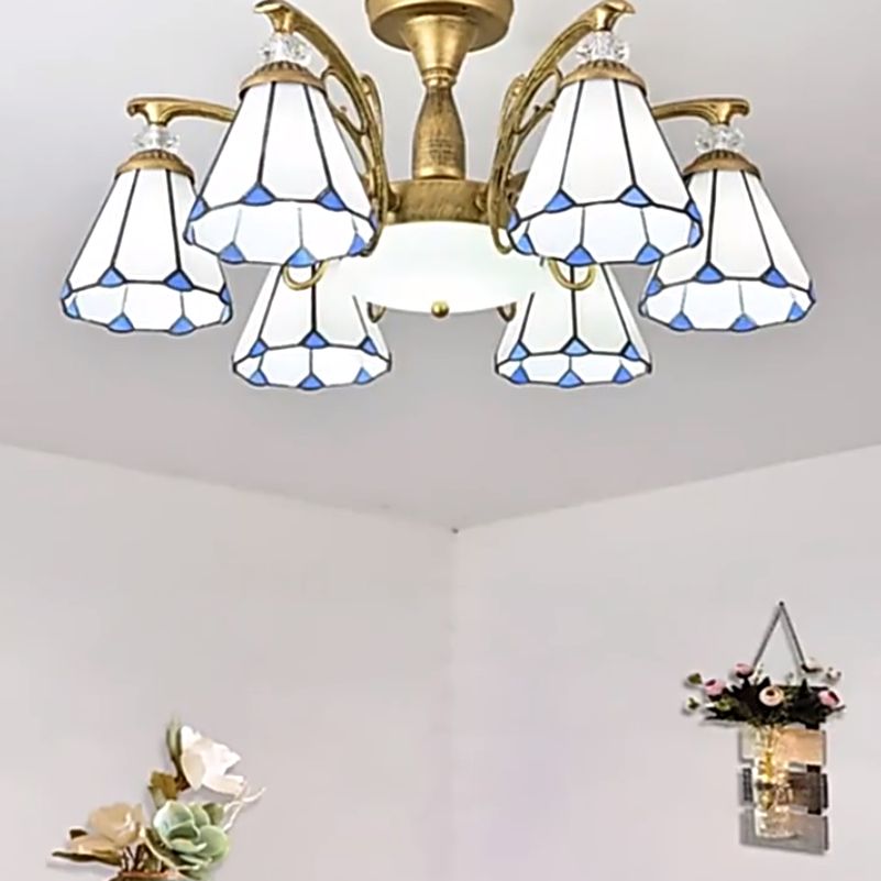 Shaded Semi Flush Mount Chandelier Tiffany Glass Bedroom Ceiling Lighting Fixture