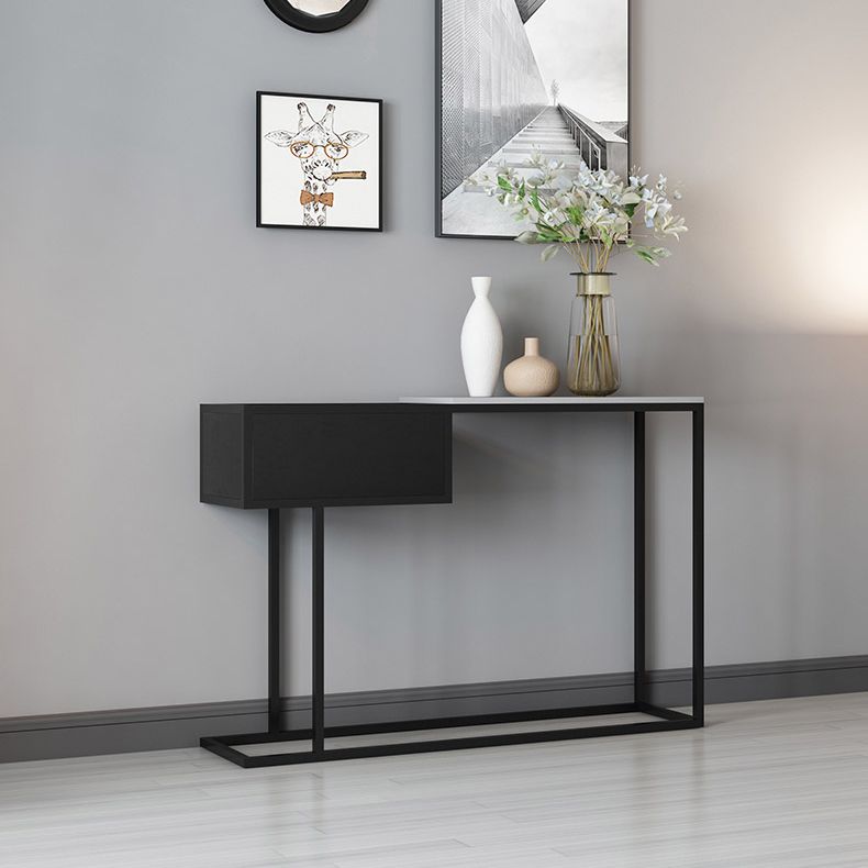 Iron Frame Base Consoe Table with Stone Top and Storage Shelf