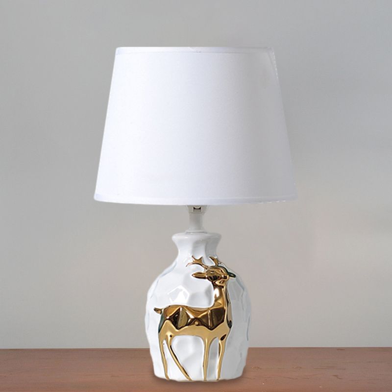 1-Bulb Tapered Desk Light Countryside White Fabric Night Table Lamp with Deer Vase Base, 11"/14"/15" Wide