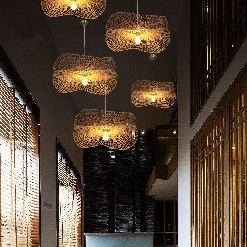 Single Hallway Ceiling Suspension Lamp Minimalist Wood Pendant with Ruffle Bamboo Shade