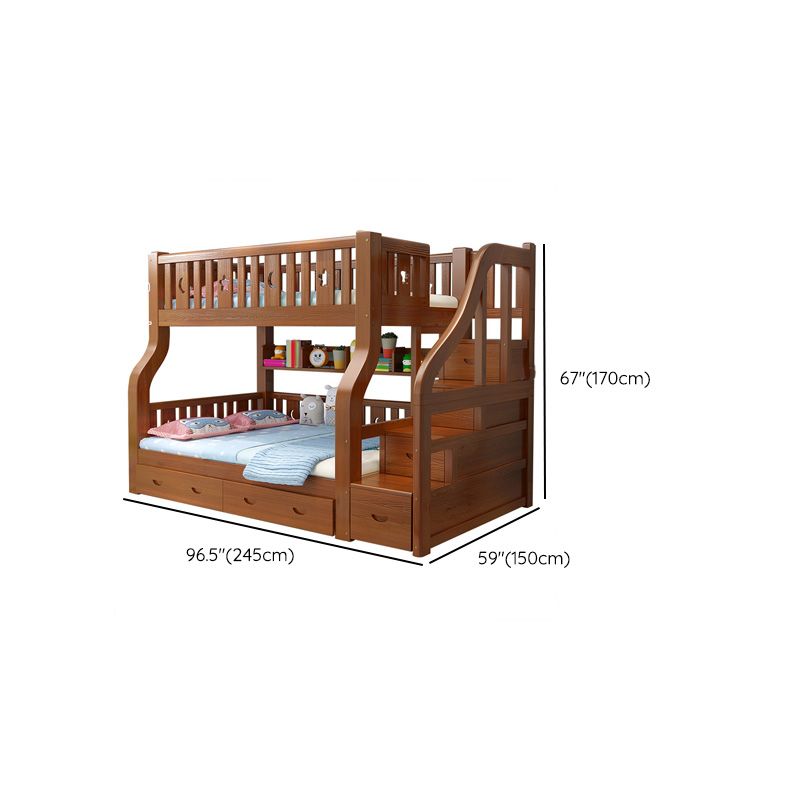 Scandinavian Brown Bunk Bed with Drawers and Shelves in Solid Wood