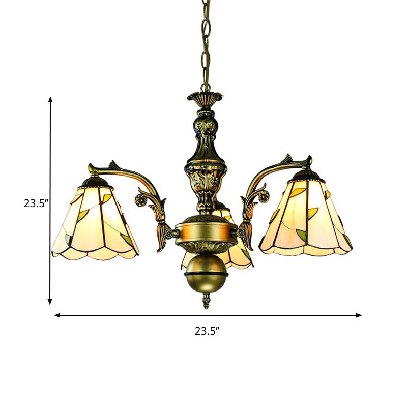 Cono rústico vintage luz suspendida con patrón de hoja 3 luces en lámpara de araña colgante de vidrio beige