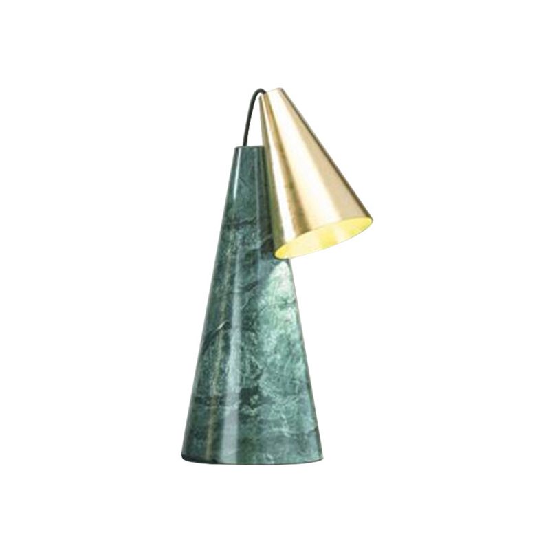 Designer Conical Table Light Marble Single-Bulb Living Room Night Lamp in White/Green and Gold