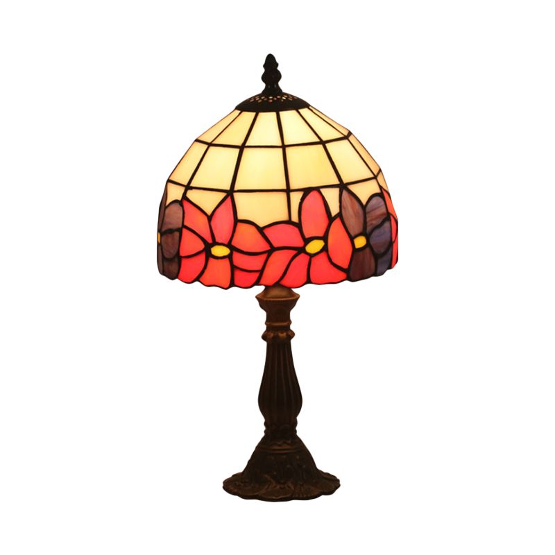 Cut Glass Red/Yellow Night Table Lighting 1 Head Mediterranean Nightstand Lamp with Floral Pattern