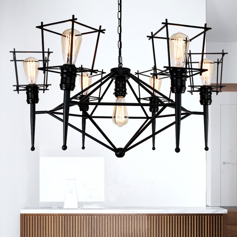 Squared Cage Iron Pendant Lighting Industrial Multi Light Restaurant Chandelier Lighting in Black