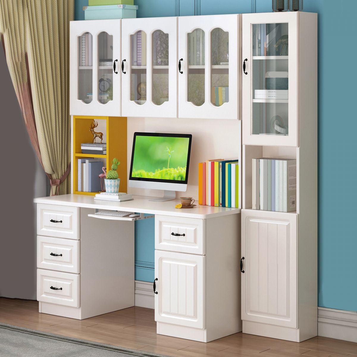 Contemporary Computer Desk with 4 Drawers and Bookshelf in Wood