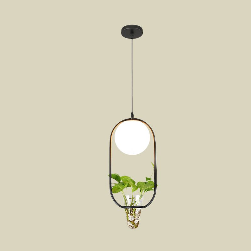 Opal Glass Globe Pendant Light Loft 1 Head Living Room Hanging Lamp in Black/Grey/Gold with Oblong Cage and Plant Cup