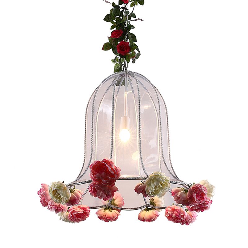 16"/23.5" W 1 Bulb Metal Pendant Light Fixture Industrial Chrome Bell Restaurant LED Hanging Lamp Kit with Rose Decor