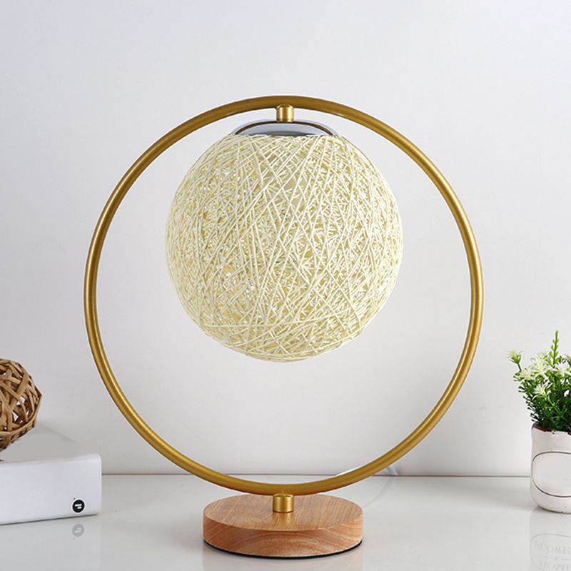 Beige/Red Sphere Desk Lamp Minimalism Single Head Fabric Night Lighting with Round Frame Design